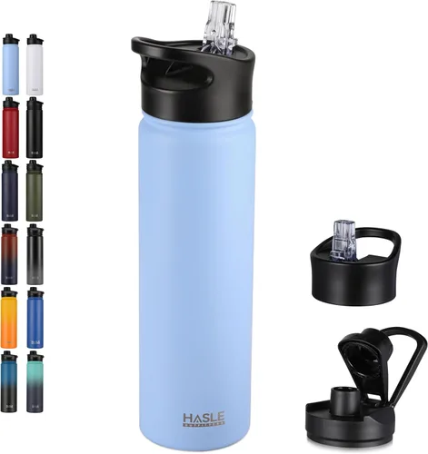 Miniatura 28 de HASLE OUTFITTERS Botella de agua aislada de 22 onzas, botella de agua de acero inoxidable de doble pared, boca ancha con tapa de popote y tapa