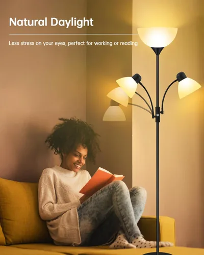 Miniatura 6 de Torchiere - Lámpara de pie para sala de estar, lámpara de pie de 71 pulgadas de alto, lámparas de dormitorio con luz de lectura, interruptor Negro