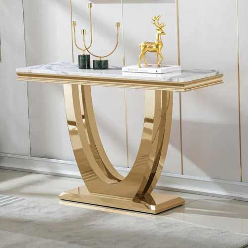 Miniatura 31 de Mesa de centro de mármol negro Henf de lujo, mesa auxiliar rectangular de mármol sintético de imitación con base de acero inoxidable dorado