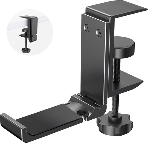 Soporte de aluminio para auriculares debajo del escritorio, soporte plegable para auriculares con organizador de cables, gancho ajustable para