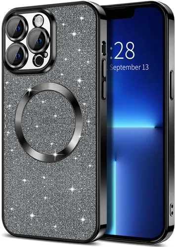 Hython Funda para iPhone 13 Pro Max con purpurina, fundas magnéticas transparentes para teléfono con protector de lente de cámara [compatible con
