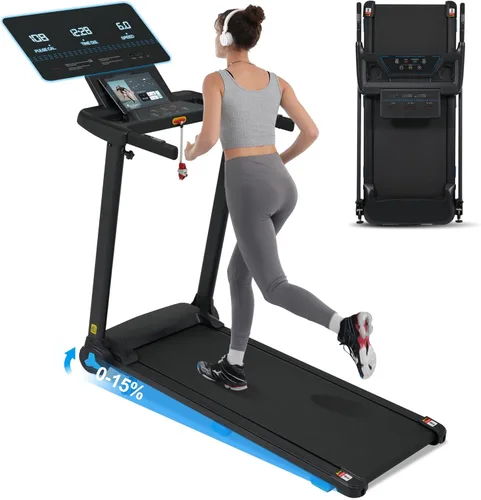 Merax Cinta de correr con 8% de inclinación, cintas de correr plegables de 3.0 HP para el hogar, almohadilla para caminar de 10 MPH con barra de