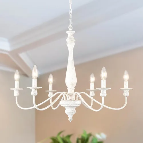 Miniatura 8 de Candelabros de granja para comedor, 6 luces envejecidas blancas francesas de campo, lámpara rústica de madera vintage, lámpara colgante