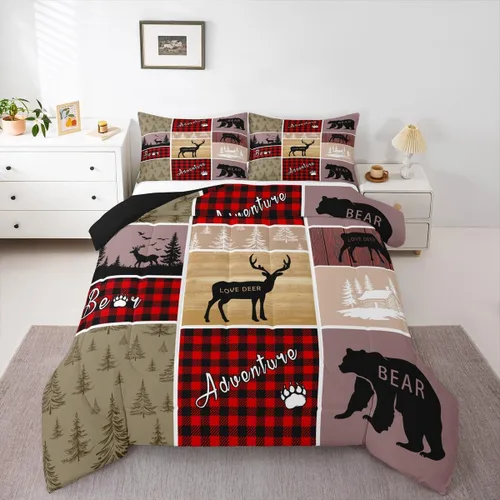 Miniatura 100 de Juego de edredón de oso y ciervo, tamaño individual, ropa de cama de animales salvajes de caza, colcha rústica de cabaña, casa de campo, cuadros