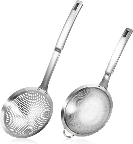 Juego de 2 cucharas ranuradas con agujeros grandes, colador ranurado con asa, colador de alimentos de malla fina de acero inoxidable, colador de