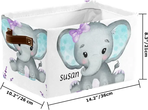 Miniatura 2 de Canasta de almacenamiento personalizada de elefante verde azulado con nombre, caja de almacenamiento grande con asas para el hogar, oficina