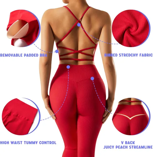 Miniatura 2 de OMKAGI Conjunto de entrenamiento acanalado para mujer, sin costuras, brasier deportivo con tiras y levantamiento de glúteos
