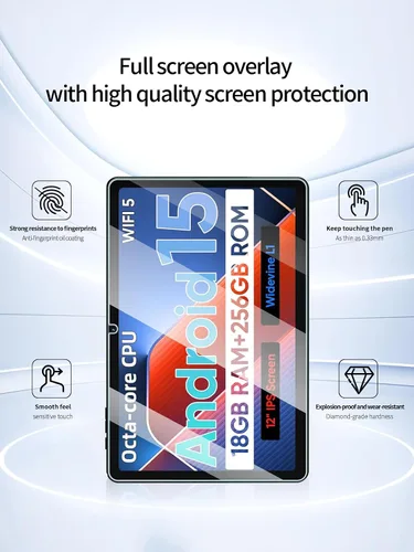 Miniatura 2 de Protector de pantalla para tabletas ECOPAD E50 Android 15 de 12 pulgadas, dureza 9H antiarañazos, sensible al tacto, bordes redondeados 2.5D, sin
