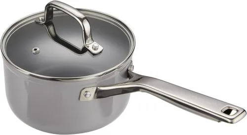 MSMK Cacerola esmaltada de cerámica sin PFAS de 2.5 cuartos de galón con tapa de vidrio templado, arroz quemado también antiadherente, apto para Gris