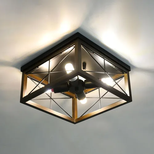 Miniatura 5 de Lámparas de techo de montaje empotrado de 4 luces, lámpara de techo de madera rústica vintage, metal negro, lámpara de techo industrial retro