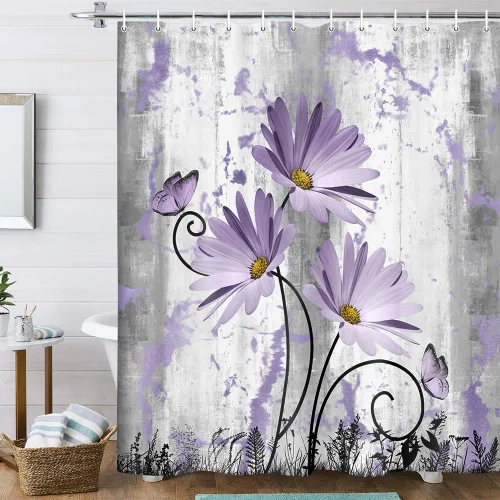 Miniatura 10 de Cortina de ducha rústica de granja, margaritas amarillas y grises con mariposa sobre fondo de madera campestre para baño, gris y blanco con 12