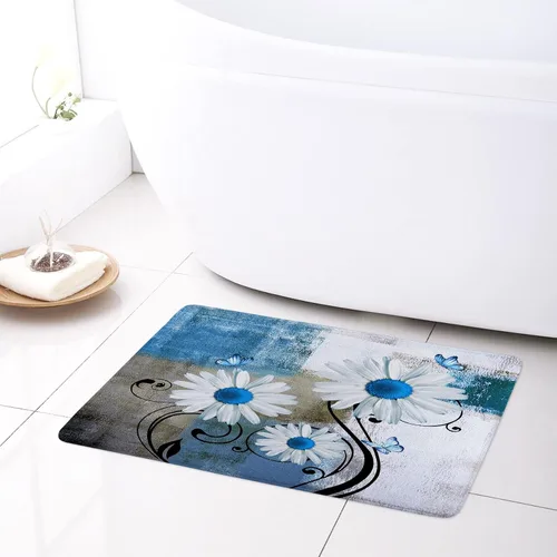 Miniatura 2 de HVEST Alfombra de baño con estampado de margaritas y margaritas, alfombra de baño rústica azul con estampado floral y mariposa para decoración
