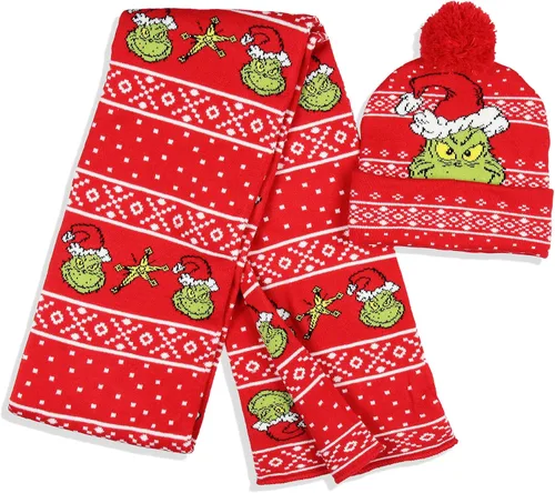Miniatura 2 de Dr. Seuss The Grinch Who Stole Christmas - Juego de bufanda de punto y gorro de pompón, Rojo