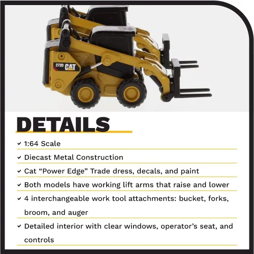 Miniatura 5 de Diecast Masters Cargador de minicargadora Caterpillar 272D2 a escala 1:64 y accesorios de fijación de riel compacto 297D2, equipo de construcción