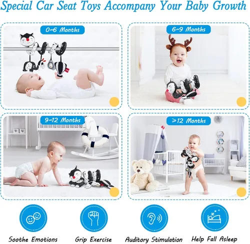 Miniatura 3 de FATI Juguetes de Asiento de Coche para Bebés de 0-6 Meses, Juguete Espiral en Blanco y Negro de Alto Contraste para Asiento de Coche para Infantes