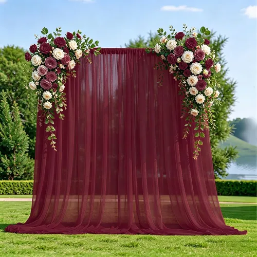 FUHSY Cortinas tipo telón de color burdeos de 10 x 10 pies, 2 paneles de cortina de gasa color granate, cortinas transparentes para arco de boda,