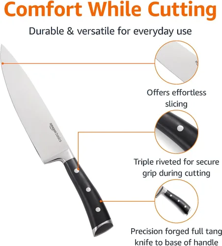 Miniatura 2 de Amazon Basics Cuchillo de chef clásico de acero inoxidable de 8 pulgadas con espiga completa y tres remaches, plateado