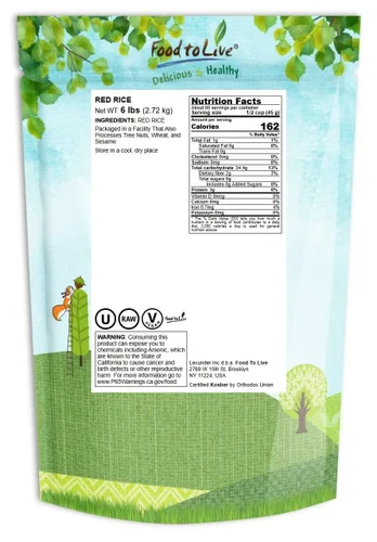 Miniatura 2 de Food to Live Arroz rojo, 6 libras, arroz integral de grano largo, sabor a nuez, textura suave, antiadherente, vegano. Buena fuente de proteínas