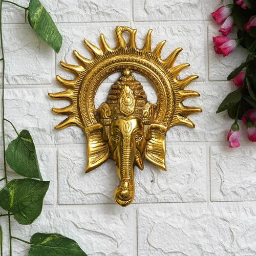 Miniatura 2 de eCraftIndia Golden Lord Ganesha con sol decorativo de metal para colgar en la pared, decoración del hogar, templo de Pooja Room y regalo