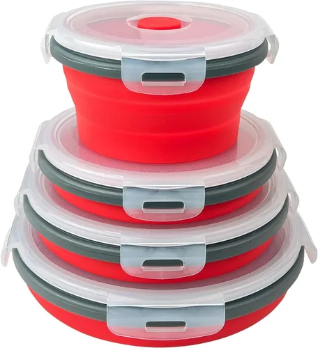 Guyuyii Paquete de 4 Cuencos Plegables de Silicona con Tapas - Recipientes Redondos Anidables de Almacenamiento de Alimentos para Camping, RV y Rojo
