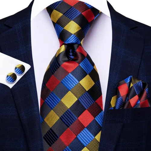 Miniatura 57 de Hi-Tie Corbata clásica de cachemira para hombre con pañuelo y gemelos a cuadros