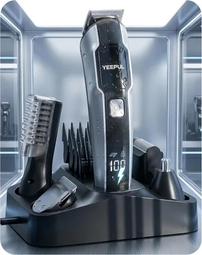Cortadora de barba y cortapelos para hombres, kit de aseo todo en 1 con base de carga, IPX7 impermeable inalámbrico, USB-C, diseño para nariz,