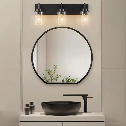 Miniatura 6 de GoYeel Accesorios de iluminación de tocador, aplique de pared negro mate de 3 luces negras con pantalla de vidrio transparente para dormitorio