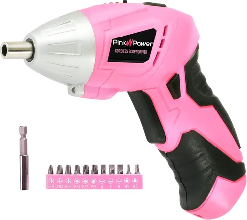Pink Power PP481, Juego de desarmador eléctrico inalámbrico de 4.8 voltios para mujeres con cargador y brocas