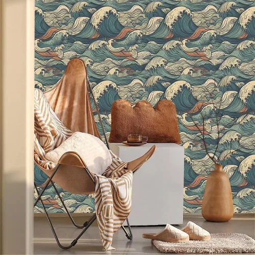 Miniatura 2 de MuralPeel Vintaje Japonés Olas del Mar Azul/Amarillo Mosaico Papel pintado Autoadhesivo para Despegar y Pegar
