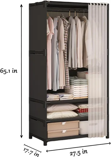 Miniatura 2 de Armario portátil para colgar ropa, armario de estilo japonés, perchero con 1 varillas para colgar, 2 estantes de almacenamiento, 27.5 pulgadas