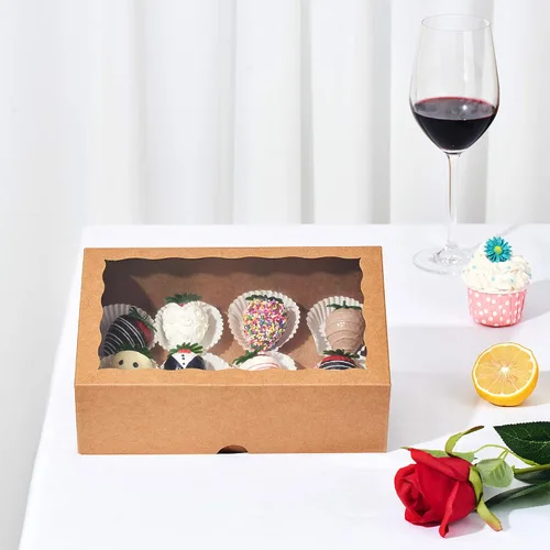 Miniatura 4 de Cajas de cartón de alta calidad de 10 x 7 x 2.5 pulgadas con ventana transparente para galletas, fresas paquete con 25 unidades. Kraft marrón