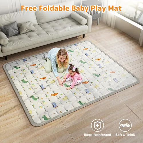 Miniatura 6 de Corralito plegable para bebés con alfombra, corralito de 71 x 59 pulgadas para bebés y niños pequeños, corral de juegos plegable grande, patio