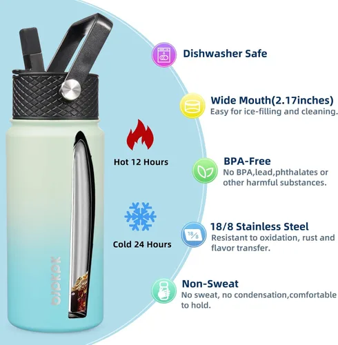 Miniatura 2 de BJPKPK Paquete de 2 botellas de agua aisladas con tapas con pajita, botella de agua de metal de acero inoxidable de 18oz con 6 tapas, jarras a