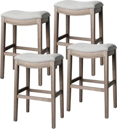 Miniatura 30 de Maven Lane Adrien Taburete de bar sin espalda, asiento de silla de montar de 31 pulgadas con reposapiés, marco de madera maciza gris y tapicería