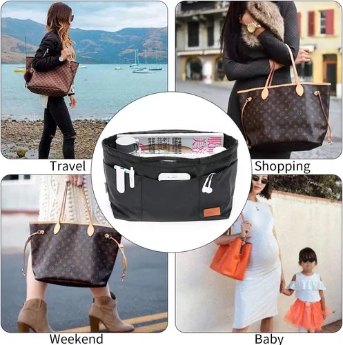 Miniatura 13 de iN Organizador de bolso con cremallera de tela de nailon para mujer, Beige