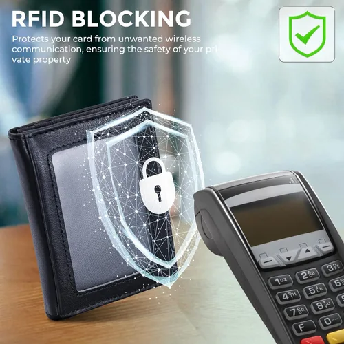 Miniatura 13 de Bolsillo frontal con bloqueo RFID, minimalista, delgado, de cuero, plegable, para tarjeta de crédito, con ventana de identificación