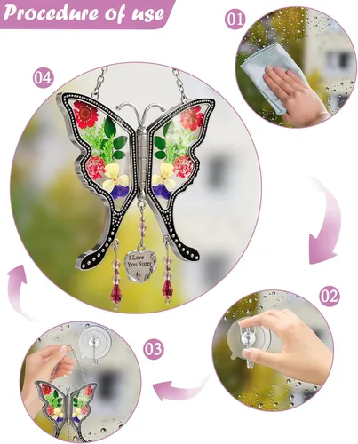Miniatura 8 de KY&BOSAM Atrapasoles de mariposa con texto en inglés "I Love You Sister" para ventanas con flores secas y prensadas reales, dije de corazón grabado