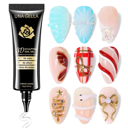 Miniatura 13 de UNA GELLA Arte de uñas en gel 3D, 2 piezas de 15 g de gel de esculpido transparente sin necesidad de limpieza para puntas de uñas, dibujo, moldeado