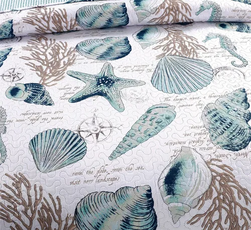 Miniatura 3 de Juego de cama reversible de 3 piezas con diseño náutico, tamaño Queen (90x90 Pulgadas), con conchas de mar azul-verde y coral, juego de colcha