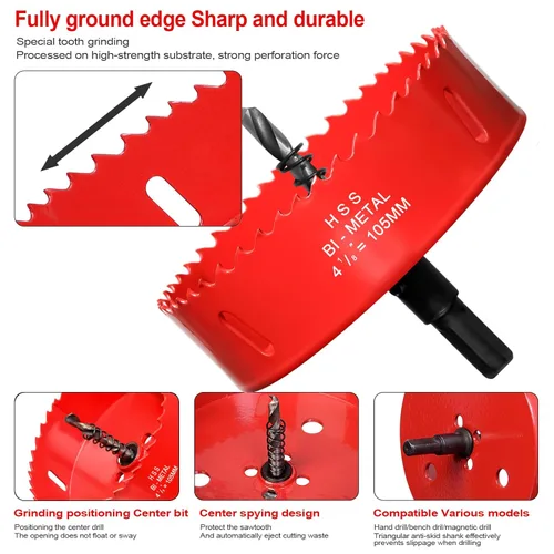 Miniatura 3 de Sierra de agujero de 4 1/8” (105mm) para madera y plástico, broca de corte de núcleo de sierra de agujero HSS bimetálica para paneles de yeso, Rojo