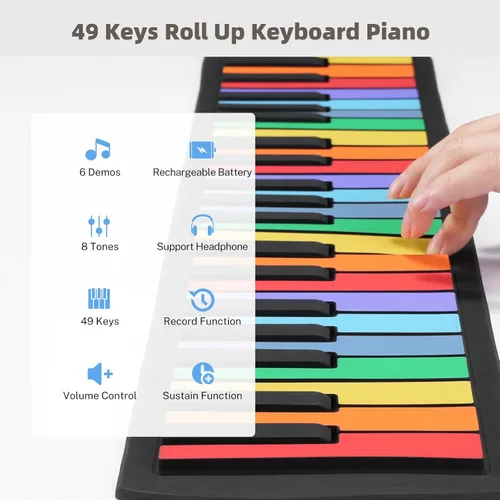 Miniatura 3 de POGOLAB Piano de teclado enrollable de 49 teclas, teclado plegable eléctrico digital portátil, recargable, 8 tonos, 6 canciones de demostración Arco