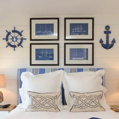 Miniatura 6 de MDLUU Volante náutico de madera, timón de barco pequeño y ancla, juego de decoración de pared de 11 pulgadas, rueda de timón azul marino, adorno