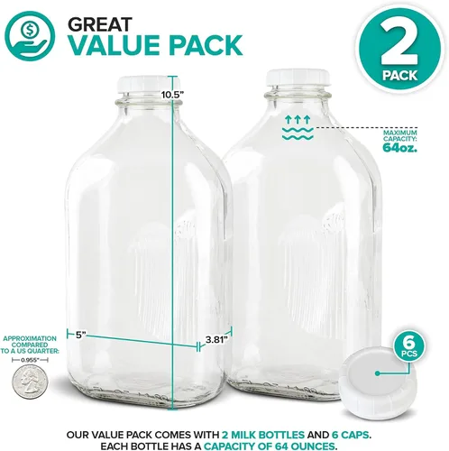 Miniatura 2 de Stock Your Home Botellas de vidrio para leche de 64 onzas con tapas (paquete de 2) – Botellas de vidrio de grado alimenticio de 64 onzas – Apto