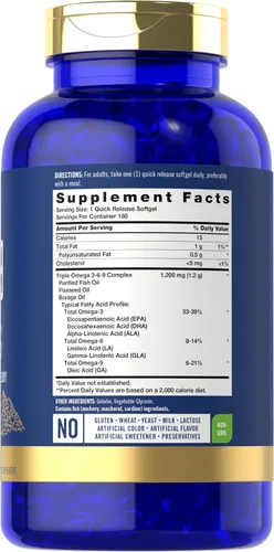 Miniatura 2 de Carlyle Suplemento Omega 3 6 9 1,200 mg 180 cápsulas de gel suave Complejo triple Omega Aceites de pescado, linaza y borraja con EPA y DHA