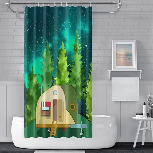 Miniatura 32 de Cortina de ducha Happy Camper de 48 x 72 pulgadas, diseño de caricaturas, remolque, hoguera, aventura al aire libre, cortina de baño para decoración
