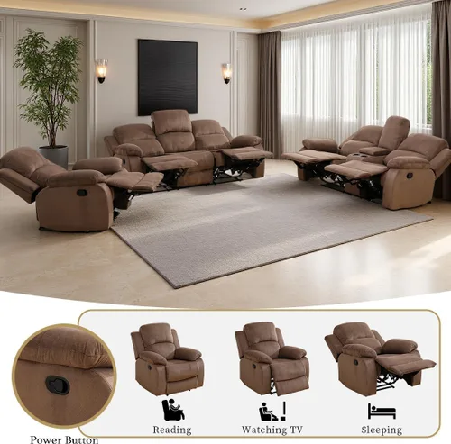 Miniatura 5 de Sofá reclinable manual moderno, sofá reclinable de cuero de 3 plazas, sofá reclinable de sala de estar, sofá con portavasos y mesa abatible