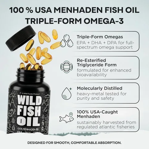 Miniatura 2 de Suplemento de aceite de pescado silvestre Omega 3 con DPA, DHA y EPA Wild capturado en Estados Unidos, eructos menos, sin OMG, sin gluten y probado
