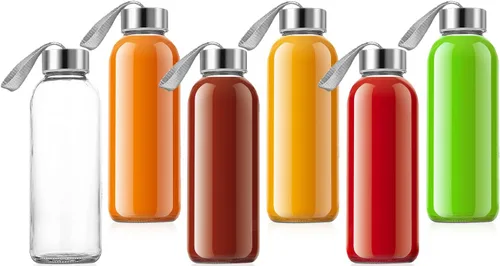 Miniatura 7 de QCen Botella de vidrio transparente de 18 onzas para jugos, botellas de agua de vidrio reutilizables para máquina exprimidora, con tapas de acero