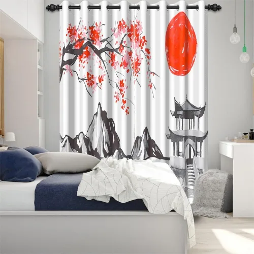Miniatura 83 de Cortinas japonesas con pintura de tinta, monte Fuji, sol rojo, puesta de sol, hojas de bambú, cortinas de ventana para dormitorio, sala de estar