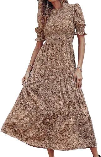 Miniatura 170 de BTFBM Vestidos para mujer, cuello redondo, casual, de verano, con volantes, manga corta, bohemio, con niveles, fruncido, largo, con estampado floral